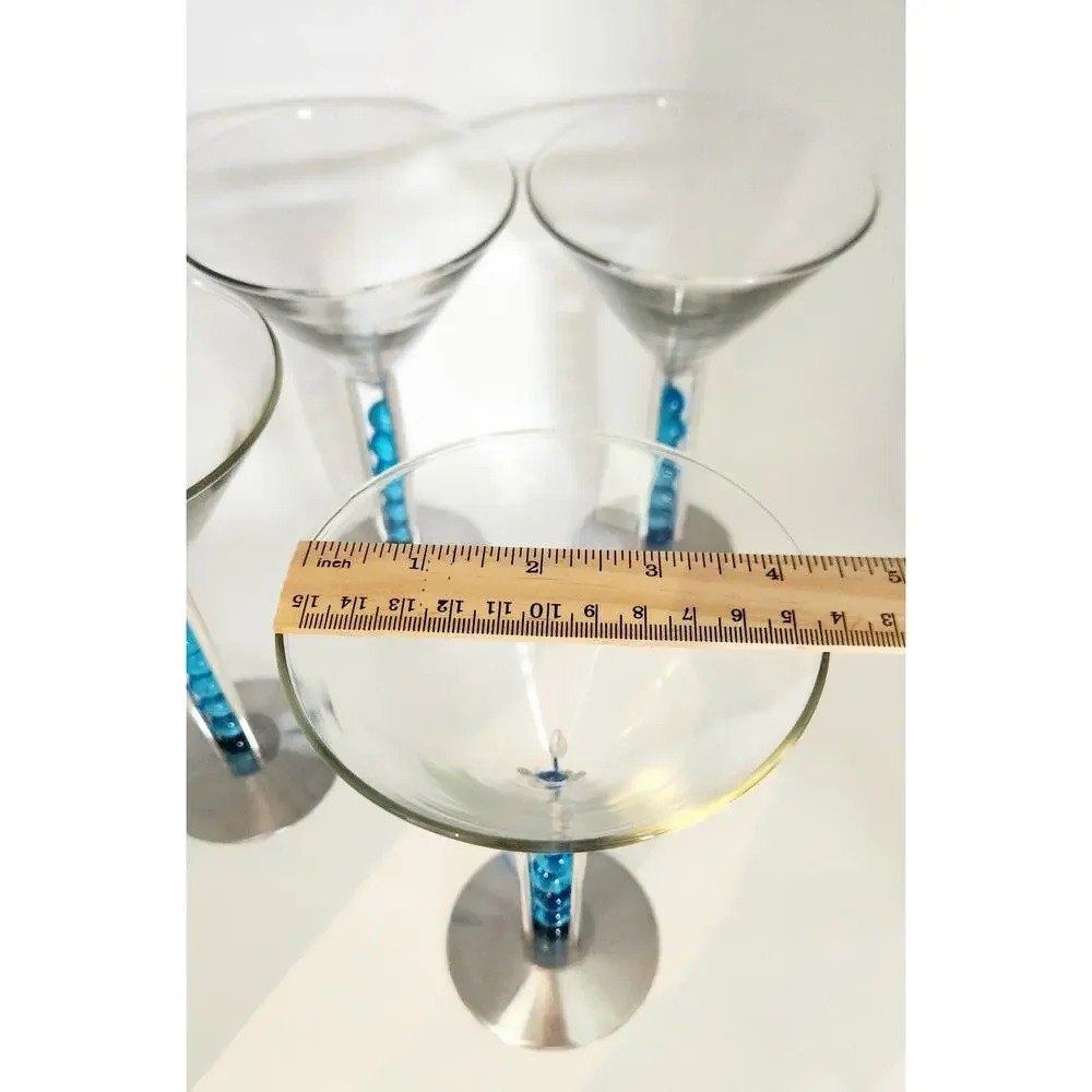 4 Patricia Heaton Bombay Sapphire Martini Glasses Blue Beads 1999 Artglass